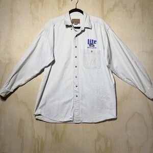 Vintage Miller Lite Button Up Shirt Men Large Beige Embroidered Beer Logo Cotton